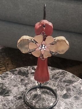 Handcrafted Red Wooden Cross with Floral Accent - Decorative Home Art Sculpture